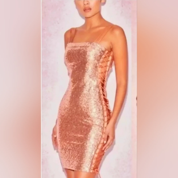 House of CB London Harley Lace Up Sequin Cocktail Mini Dress In Rose Gold - Picture 12 of 12
